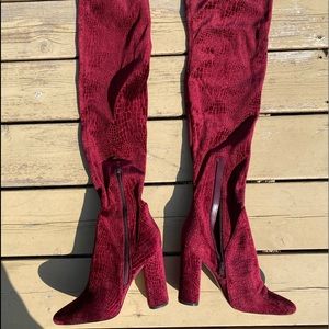 Red Velvet Snakeskin Knee High Heels